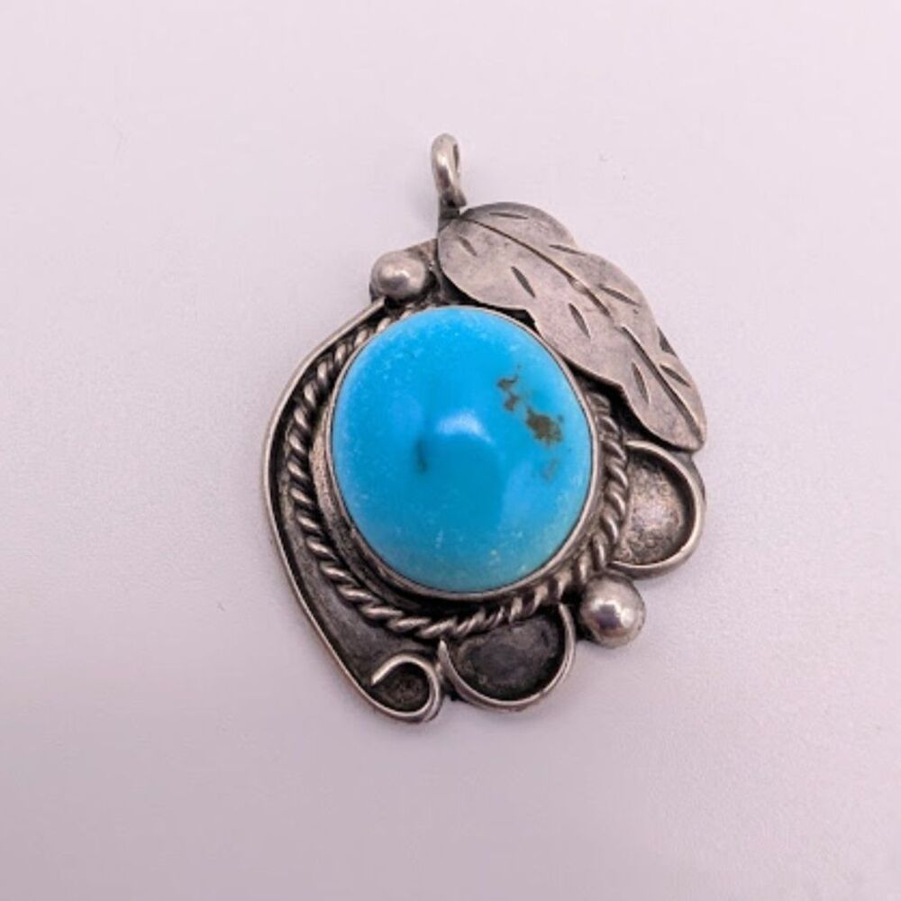 Vintage Mid-Century Sterling Silver Native American Turquoise Feather Pendant